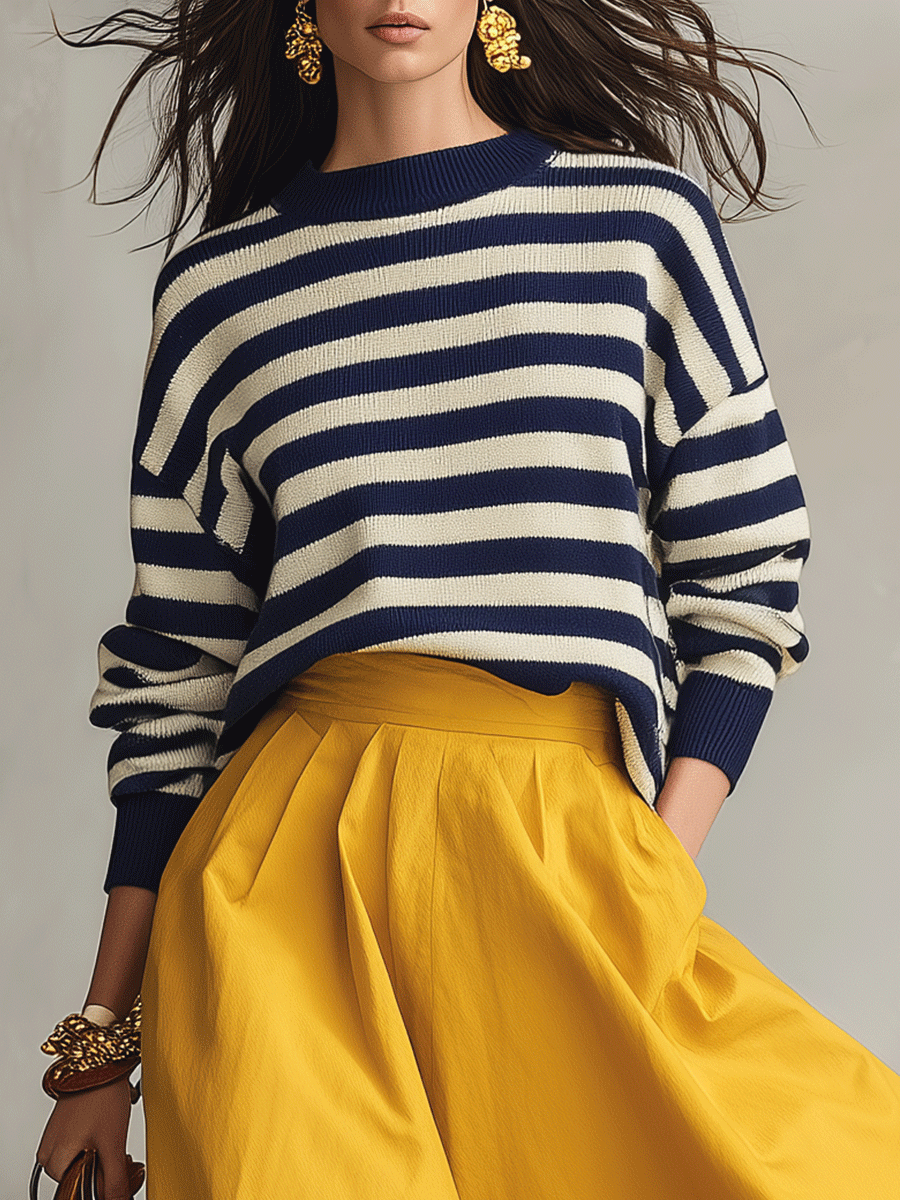 Effortless Striped Knit Sweater & Maxi-Skirt Navy Two-Piece Set