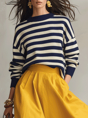 Effortless Striped Knit Sweater & Maxi-Skirt Navy Two-Piece Set