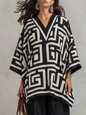 Artisan Cotton Blend Oversized-Fit Monochrome Pattern Poncho Blouse And Pant Set