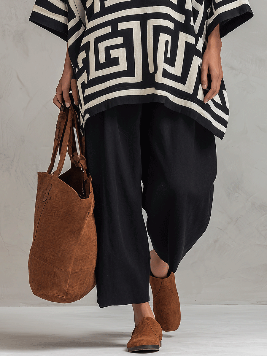 Artisan Cotton Blend Oversized-Fit Monochrome Pattern Poncho Blouse And Pant Set