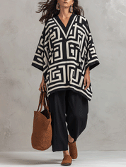 Artisan Cotton Blend Oversized-Fit Monochrome Pattern Poncho Blouse And Pant Set
