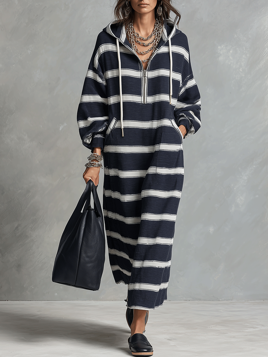 Striped Hooded Half-Zip Maxi Sweatshirt Dress