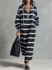 Striped Hooded Half-Zip Maxi Sweatshirt Dress