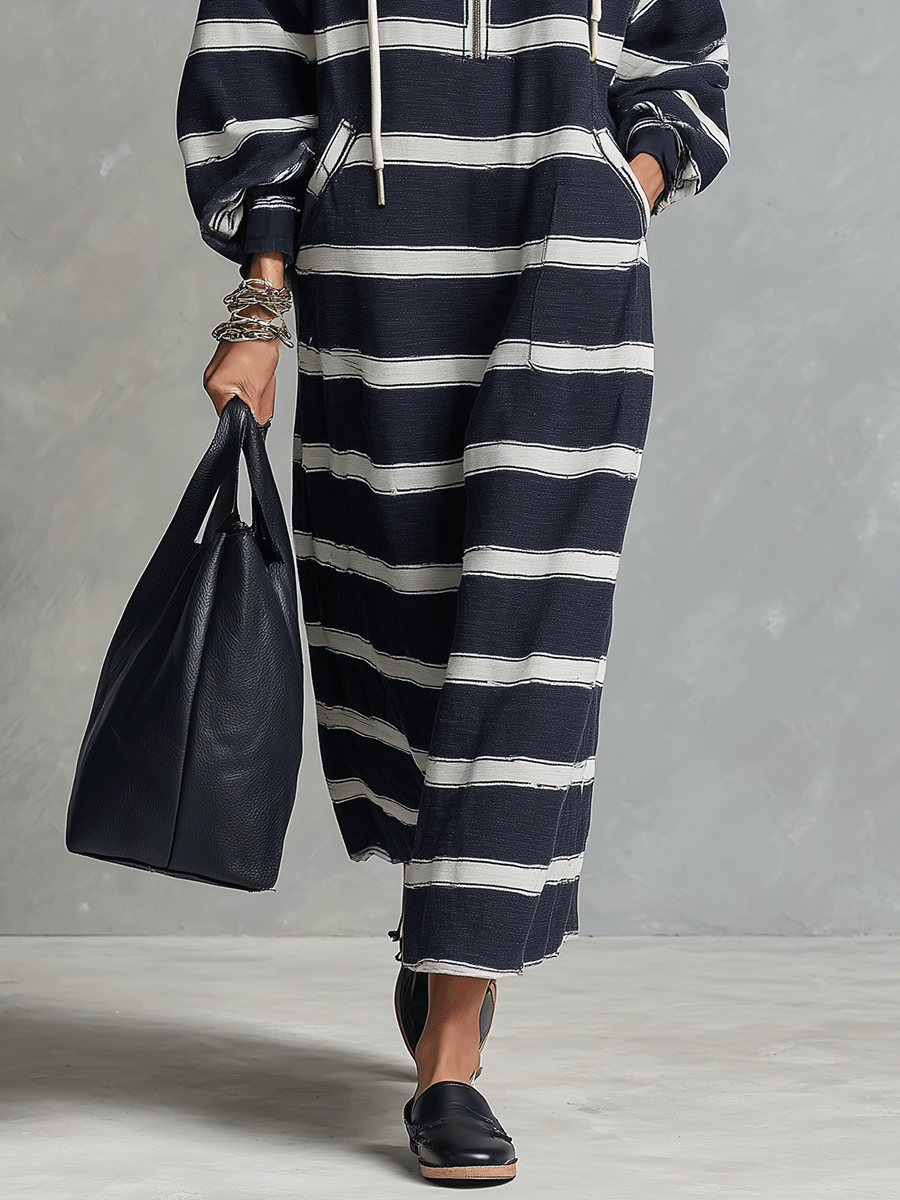 Striped Hooded Half-Zip Maxi Sweatshirt Dress