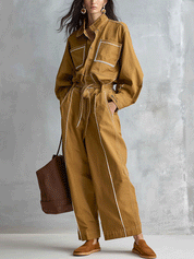 Effortless Cotton Canvas Oversized-Fit Caramel Cargo Jumpsuit