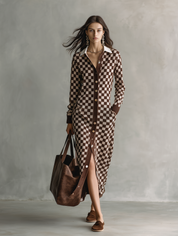 Checkered Print Long Sleeve Button-Up Knit Maxi Cardigan Dress