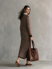 Checkered Print Long Sleeve Button-Up Knit Maxi Cardigan Dress