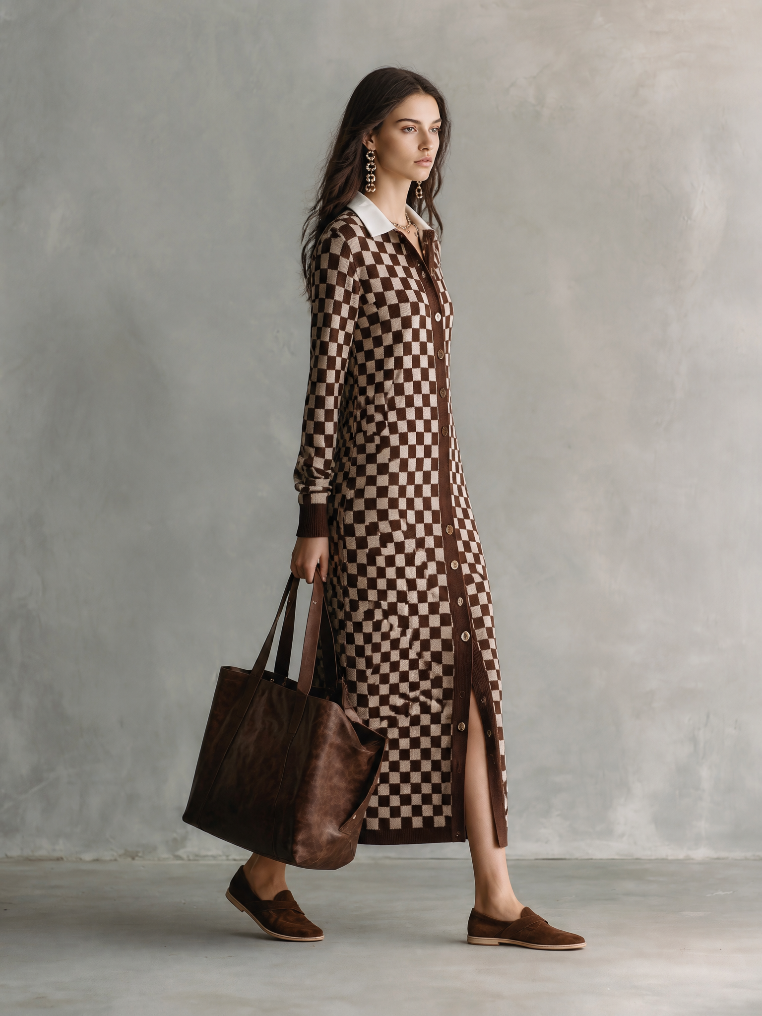 Checkered Print Long Sleeve Button-Up Knit Maxi Cardigan Dress