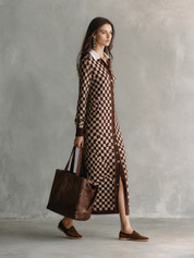 Checkered Print Long Sleeve Button-Up Knit Maxi Cardigan Dress