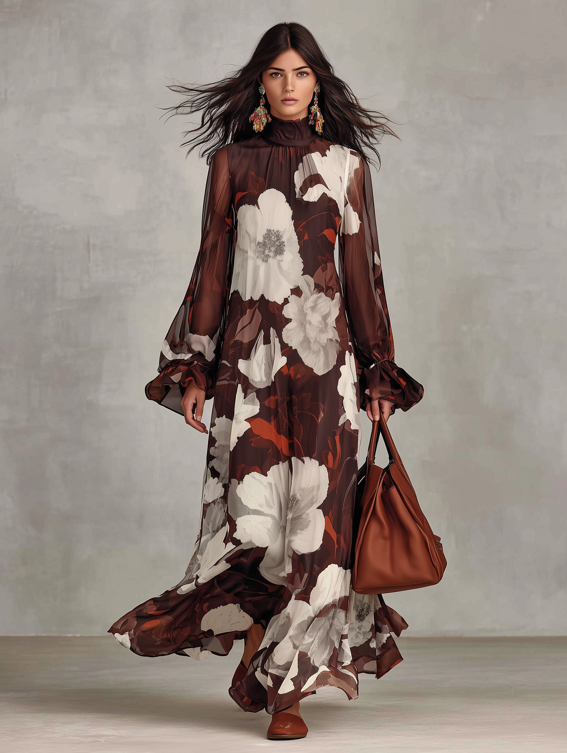 Floral Print High Neck Long Sleeve Chiffon Maxi Dress