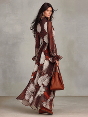 Floral Print High Neck Long Sleeve Chiffon Maxi Dress