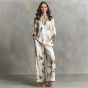 Quiet Luxury Silky Butterfly-Print Drop-Shoulder Tunic & Palazzo Cream Co-Ord Set