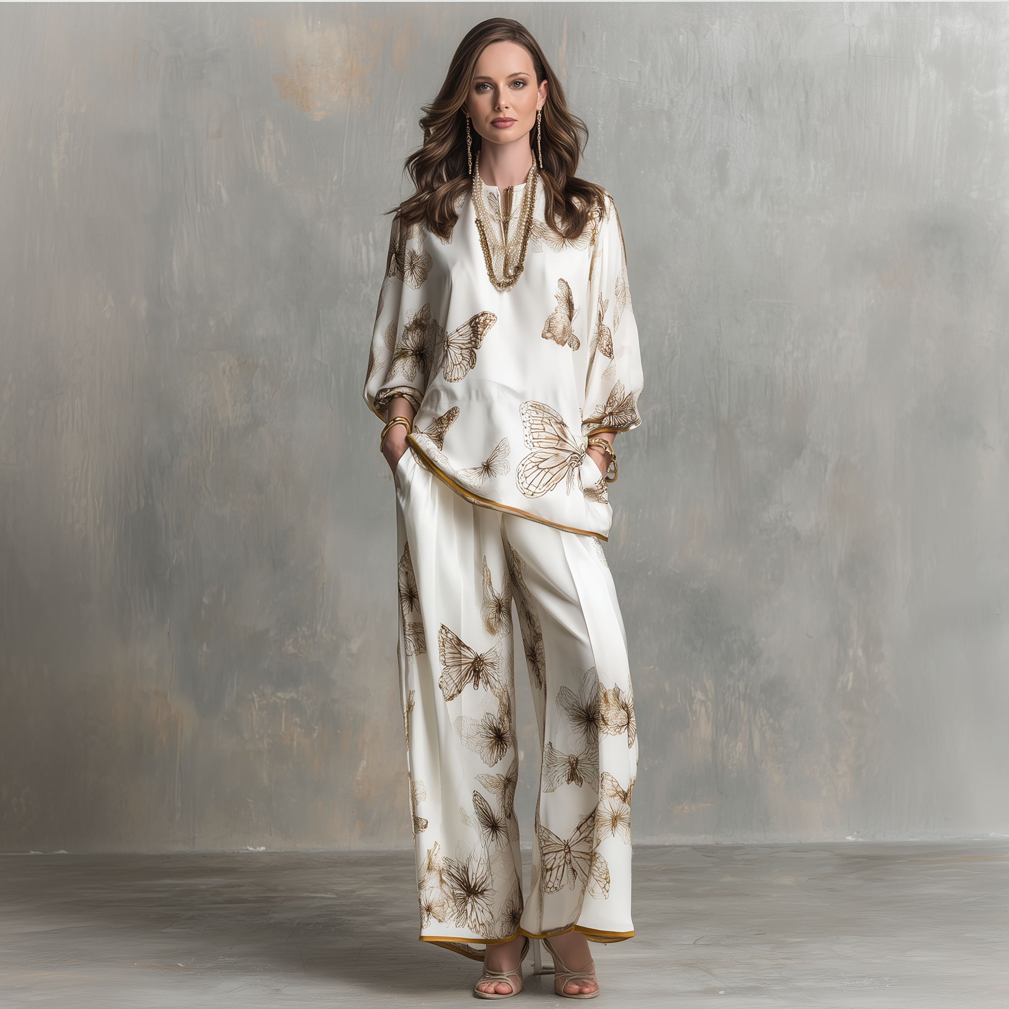 Quiet Luxury Silky Butterfly-Print Drop-Shoulder Tunic & Palazzo Cream Co-Ord Set
