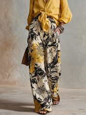 Floral Print Wide-Leg Pants With Tie-Front Linen Shirt Set