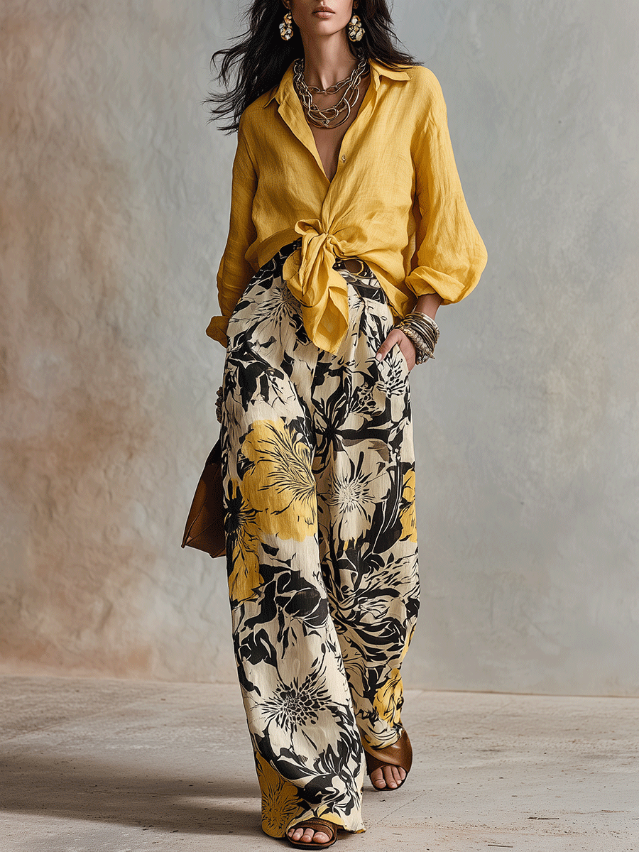 Floral Print Wide-Leg Pants With Tie-Front Linen Shirt Set