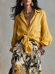 Floral Print Wide-Leg Pants With Tie-Front Linen Shirt Set