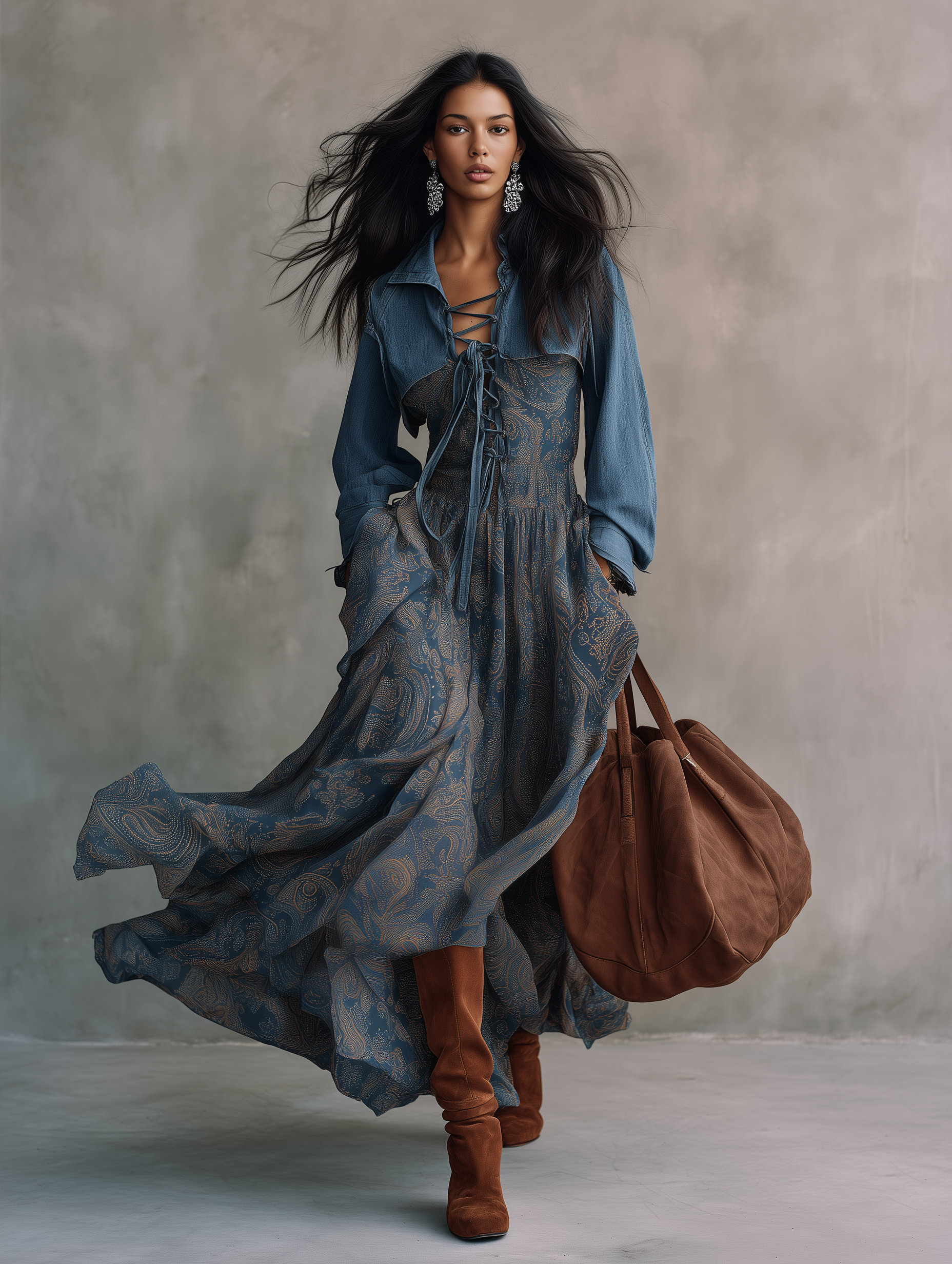 Western Boho Paisley-Print Lace-Up Corset Bias-Cut Blue Tiered Maxi Dress