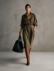 Effortless Chic Textured Cotton Roll-Sleeve Utility Belted Khaki Green Midi Dress