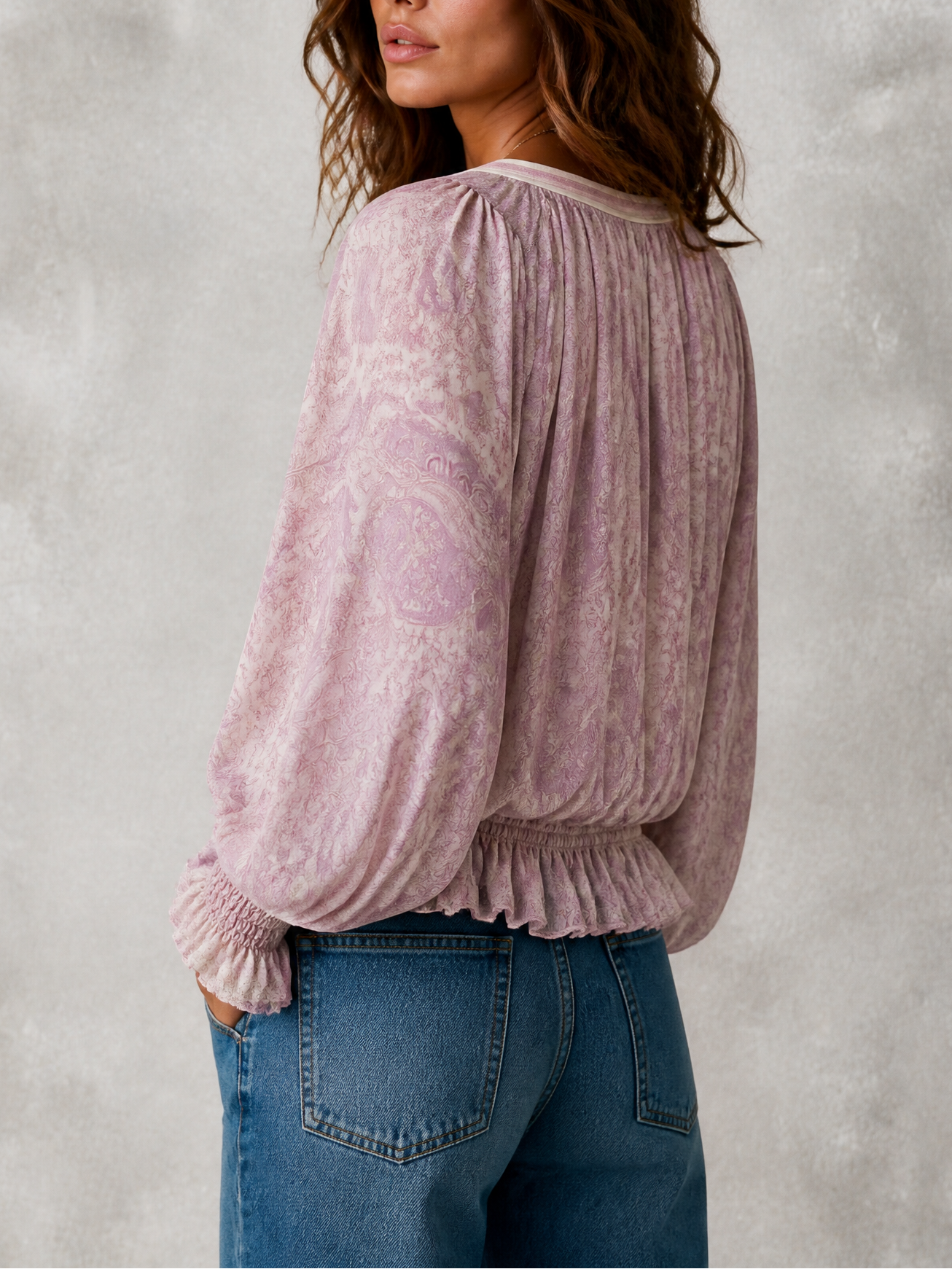 Women's Paisley Print V-Neck Blouson Sleeve Blouse With Smocked Cuffs Top