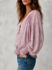 Women's Paisley Print V-Neck Blouson Sleeve Blouse With Smocked Cuffs Top