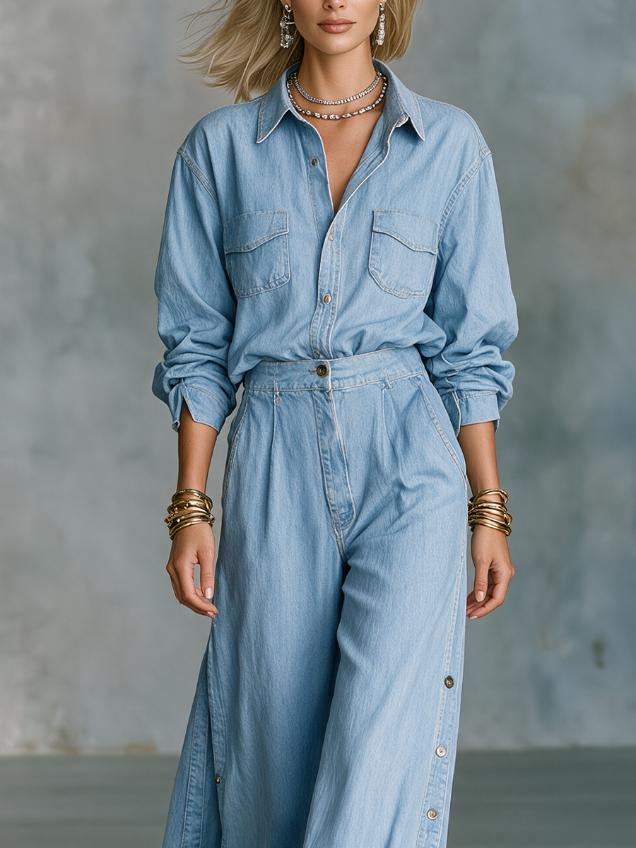 Effortless Denim Luxe Shirt & Side-Slit Wide Leg Jeans Set