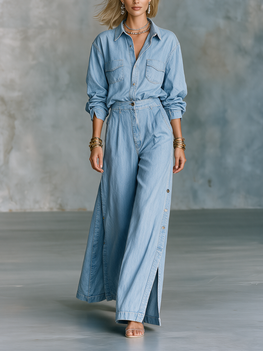 Effortless Denim Luxe Shirt & Side-Slit Wide Leg Jeans Set