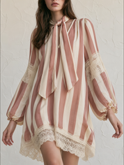 Striped Bow-Tie Neck Lace Trim Lantern Sleeve Mini Dress
