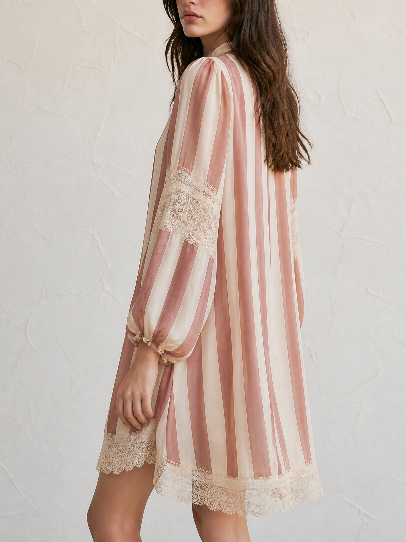 Striped Bow-Tie Neck Lace Trim Lantern Sleeve Mini Dress