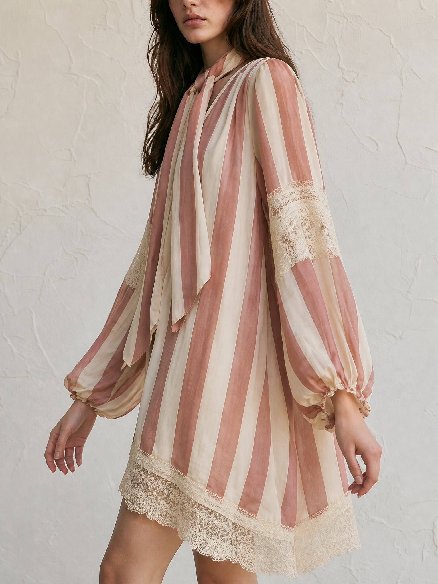 Striped Bow-Tie Neck Lace Trim Lantern Sleeve Mini Dress