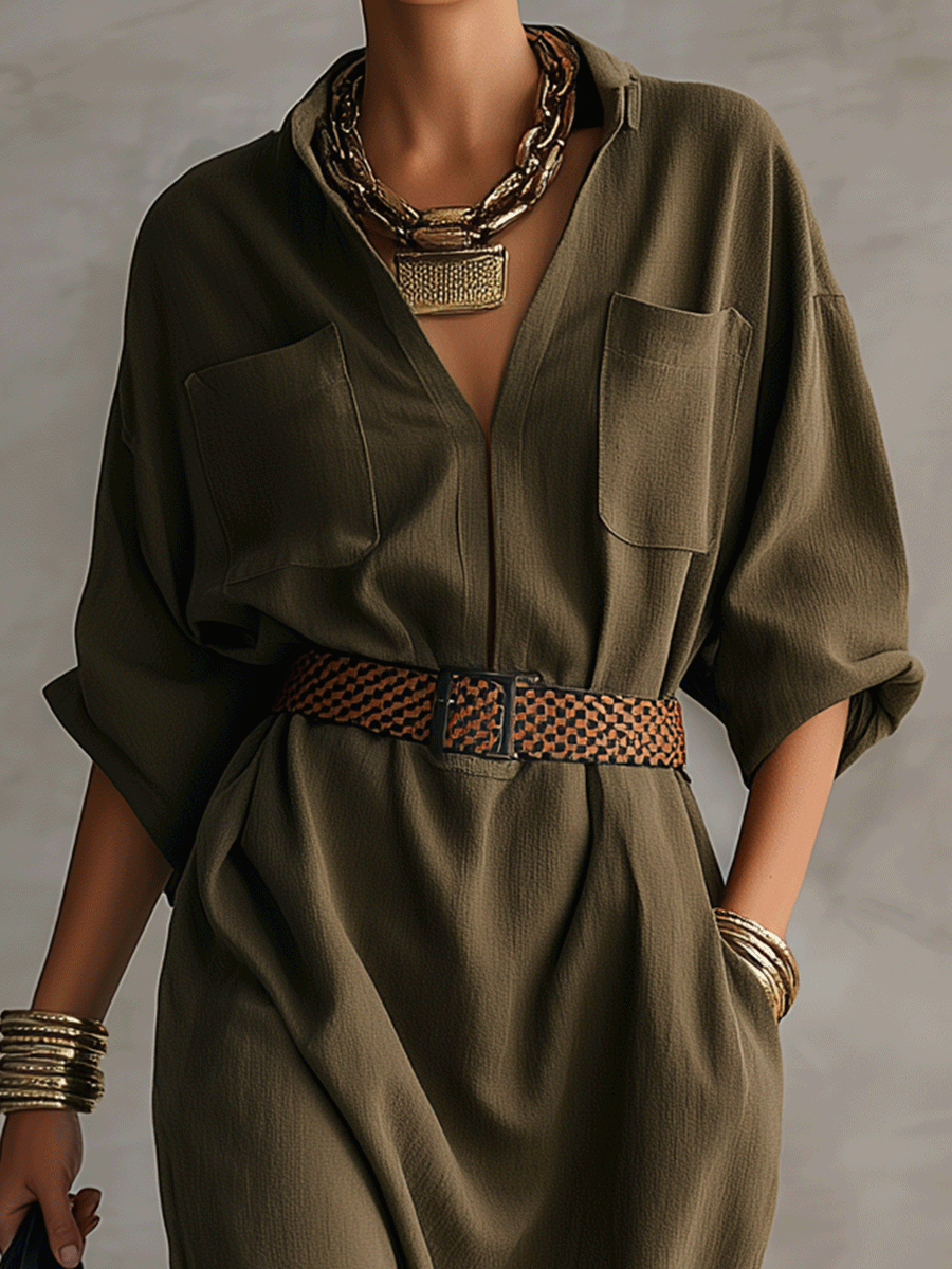 Effortless Chic Textured Cotton Roll-Sleeve Utility Belted Khaki Green Midi Dress