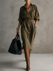 Effortless Chic Textured Cotton Roll-Sleeve Utility Belted Khaki Green Midi Dress