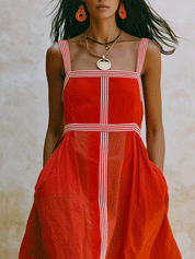 Effortless Resort Linen Contrast-Stripe Wide-Strap Tomato Red A-Line Maxi Dress