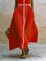 Effortless Resort Linen Contrast-Stripe Wide-Strap Tomato Red A-Line Maxi Dress