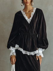 Bohemian Chocolate-colored Lace Top And Skirt Set