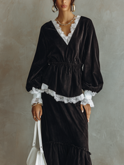 Bohemian Chocolate-colored Lace Top And Skirt Set