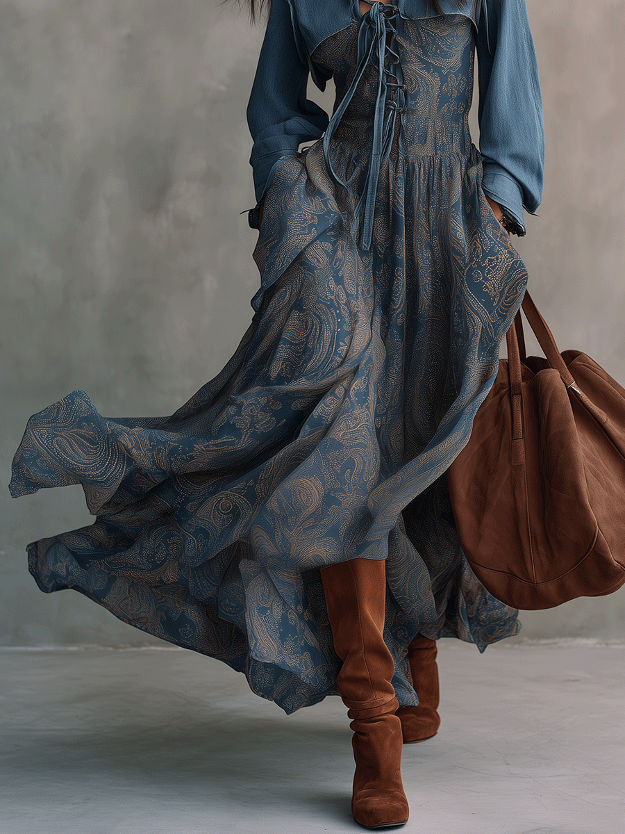 Western Boho Paisley-Print Lace-Up Corset Bias-Cut Blue Tiered Maxi Dress
