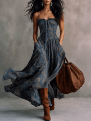 Western Boho Paisley-Print Lace-Up Corset Bias-Cut Blue Tiered Maxi Dress