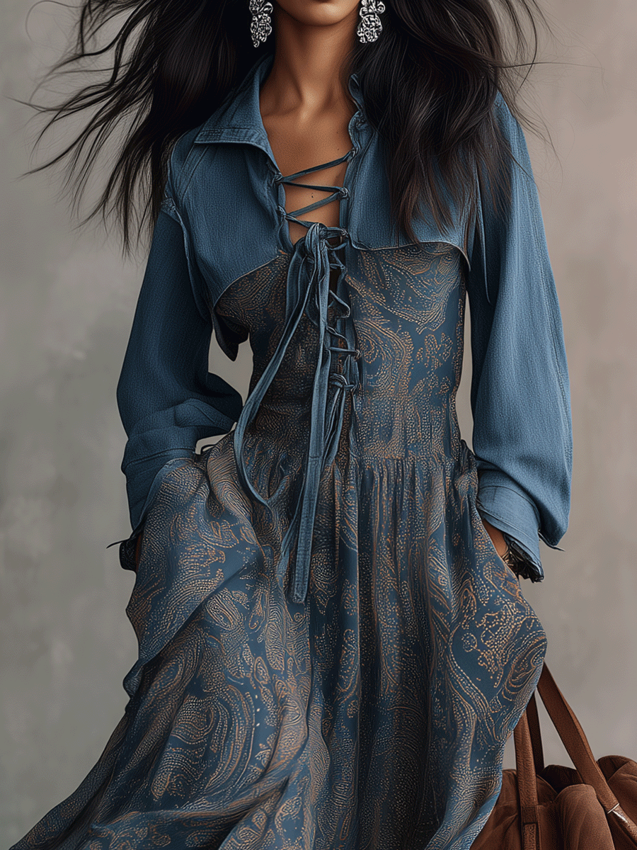Western Boho Paisley-Print Lace-Up Corset Bias-Cut Blue Tiered Maxi Dress