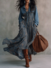 Western Boho Paisley-Print Lace-Up Corset Bias-Cut Blue Tiered Maxi Dress