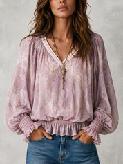 Women's Paisley Print V-Neck Blouson Sleeve Blouse With Smocked Cuffs Top