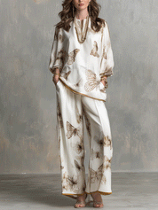 Quiet Luxury Silky Butterfly-Print Drop-Shoulder Tunic & Palazzo Cream Co-Ord Set