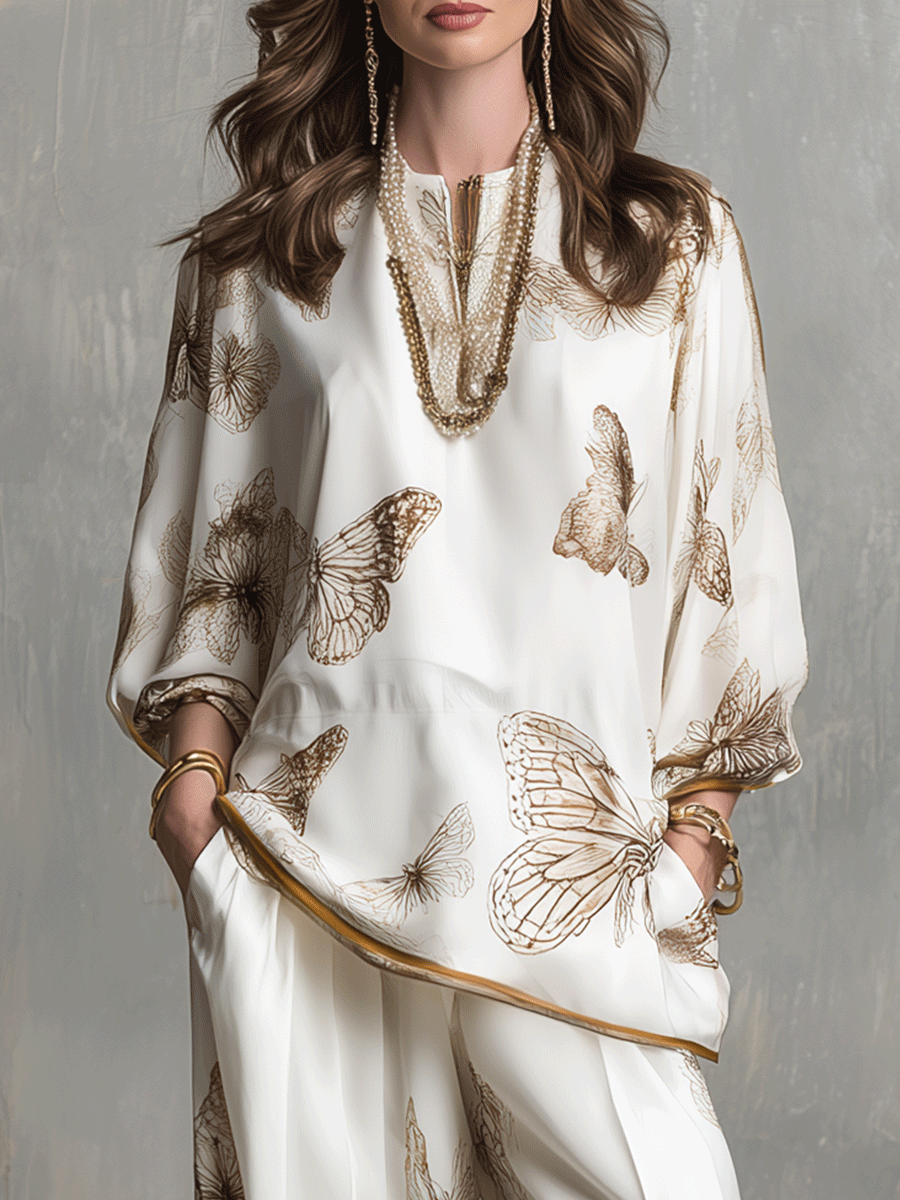 Quiet Luxury Silky Butterfly-Print Drop-Shoulder Tunic & Palazzo Cream Co-Ord Set