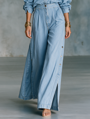 Effortless Denim Luxe Shirt & Side-Slit Wide Leg Jeans Set