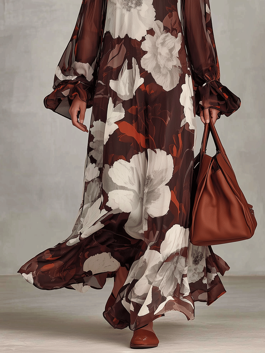 Floral Print High Neck Long Sleeve Chiffon Maxi Dress