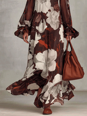 Floral Print High Neck Long Sleeve Chiffon Maxi Dress