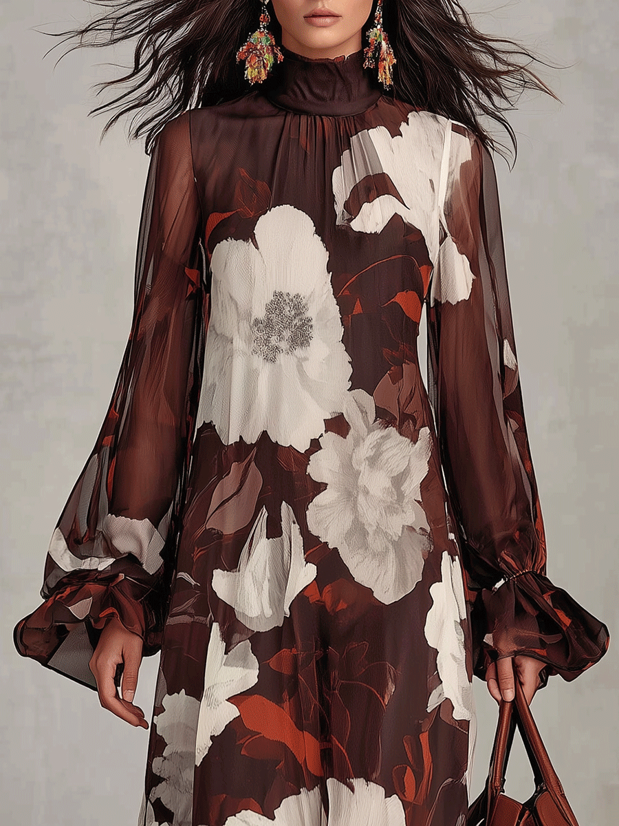Floral Print High Neck Long Sleeve Chiffon Maxi Dress