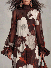 Floral Print High Neck Long Sleeve Chiffon Maxi Dress