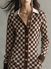 Checkered Print Long Sleeve Button-Up Knit Maxi Cardigan Dress