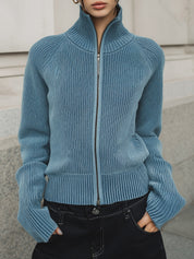 Minimalist Turtleneck Front Zipper Raglan Sleeves Slim Fit Knitted Cardigan
