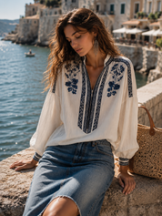 Refined Floral Embroidered Zip Shirt